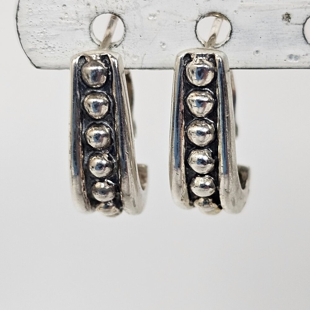 Vintage‎ 925 SU Thailand Sterling Silver Beaded Ball Half Hoop Pierced Earrings
